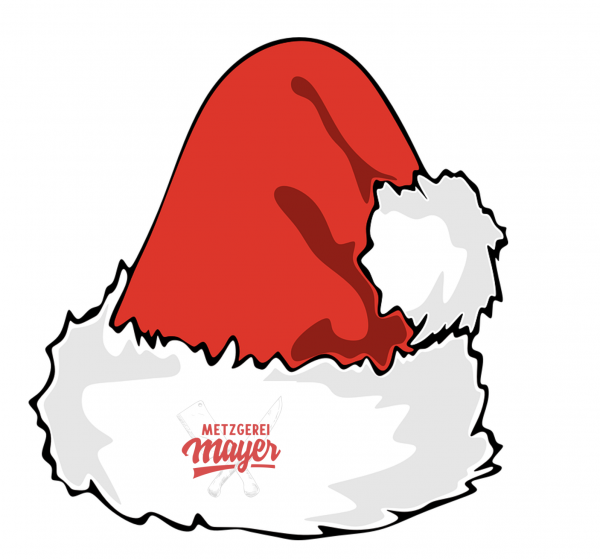 Rote Weihnachtsmütze mit dem Logo der Metzgerei Mayer